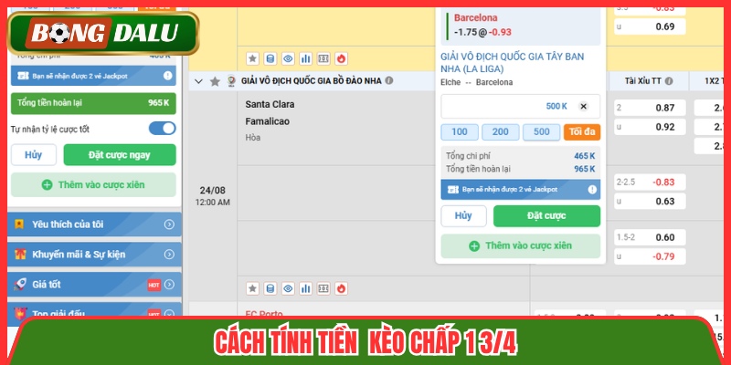 Cách tính tiền  kèo chấp 1 3/4