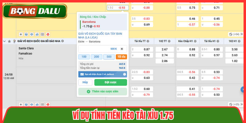 Ví dụ tính tiền kèo tài xỉu 1.75